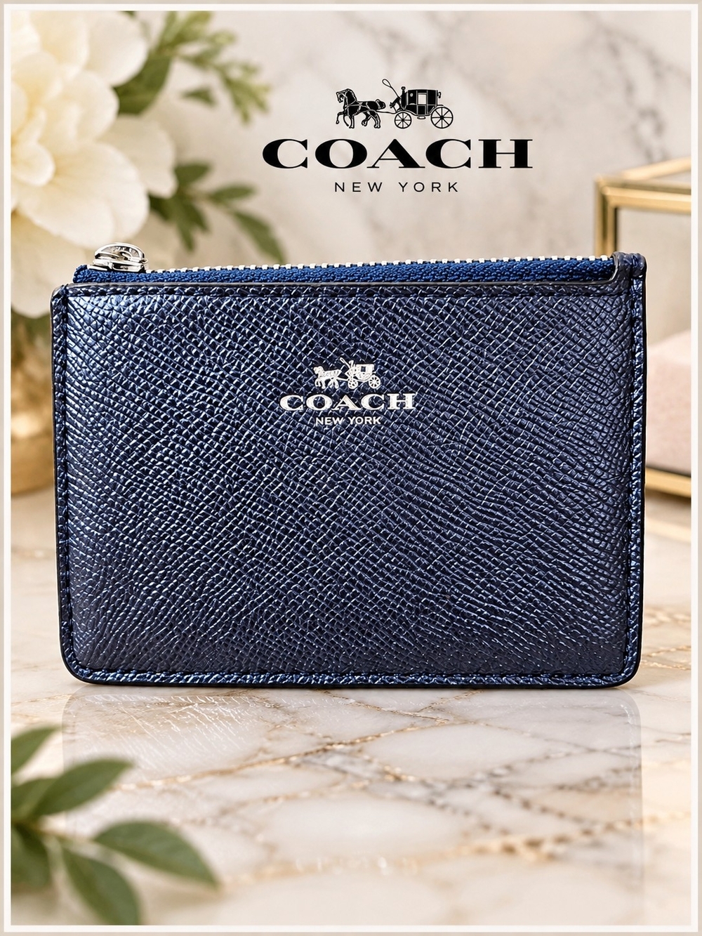 COACH Navy Metallic Leather Zip Card Case ID Wallet NWOT